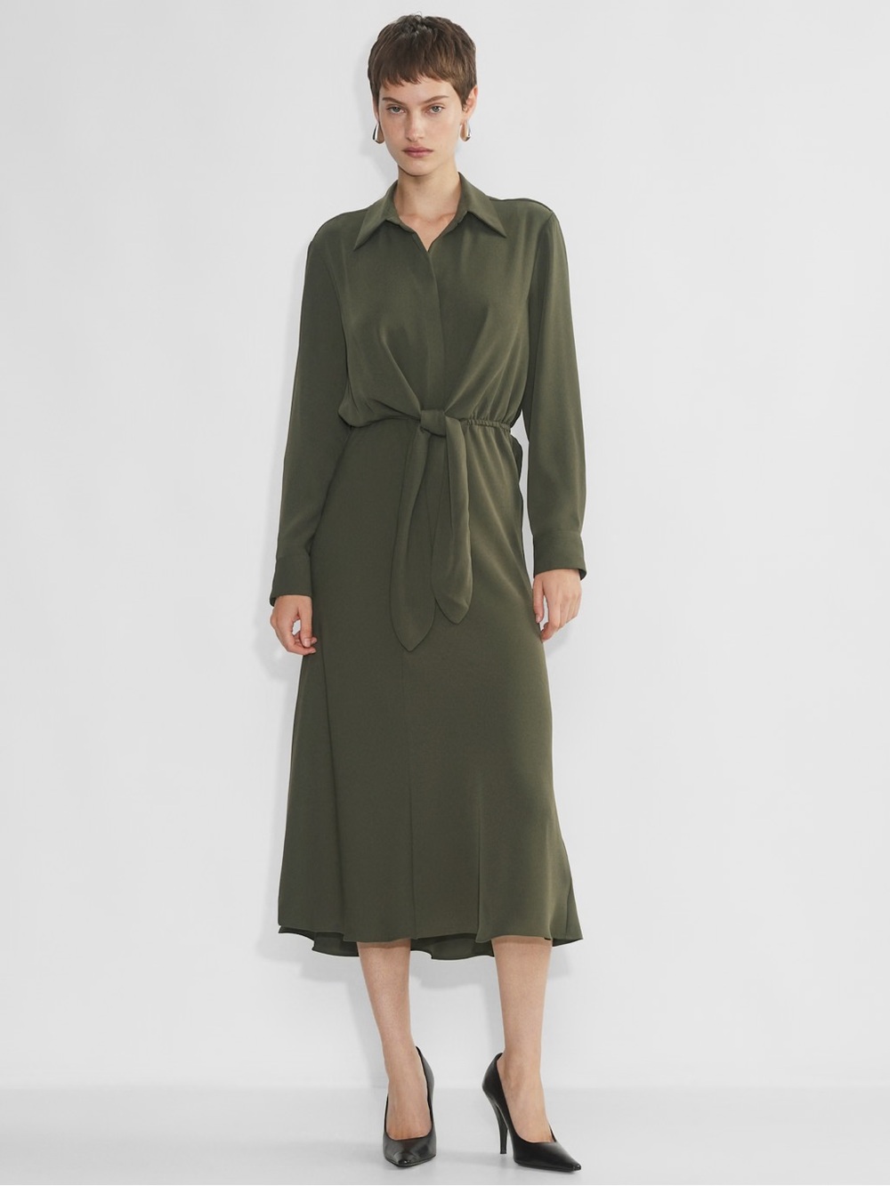 BABATON ARITZIA ABBEY DARK OLIVE GREEN LONG SLEEVE COLLARED TIE FRONT MIDI DRESS